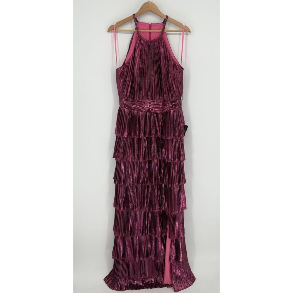 Mac Duggal Rose High Neck Pleated Tiered Ruffle Metallic Gown Women’s Sz 10